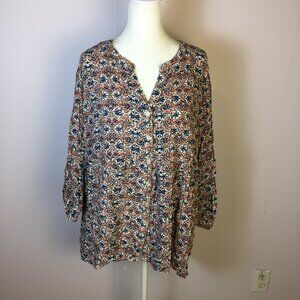 Cynthia Rowley Blouse Shirt Top Size 2X Womans Plus Orange Blue Rayon 3/4 Sleeve